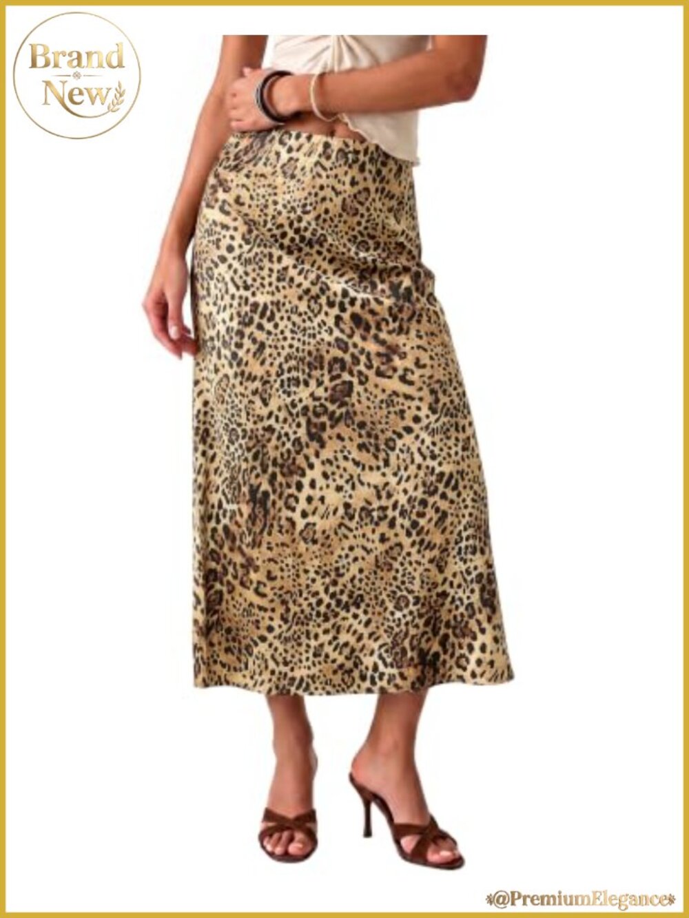 Women Satin Maxi Skirt Leopard Print A-Line Stretchy Elastic Waist Long